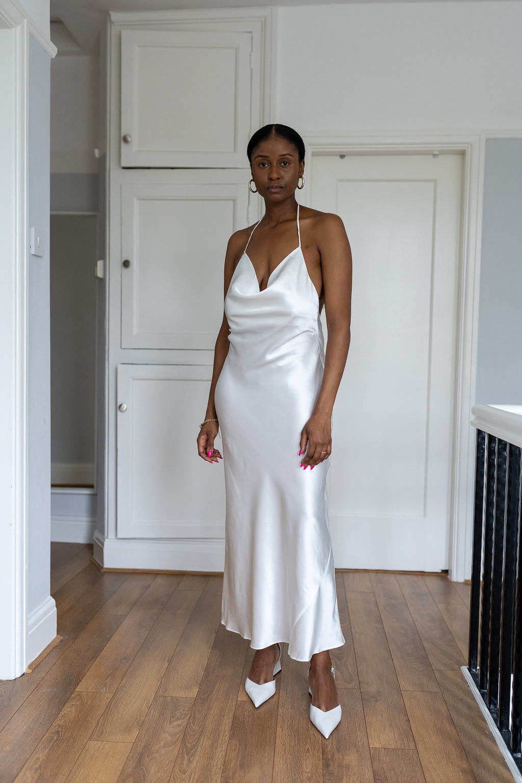 Luxury Ivory Pearl Plunge Back Floor Length Bridal Silk Dress
