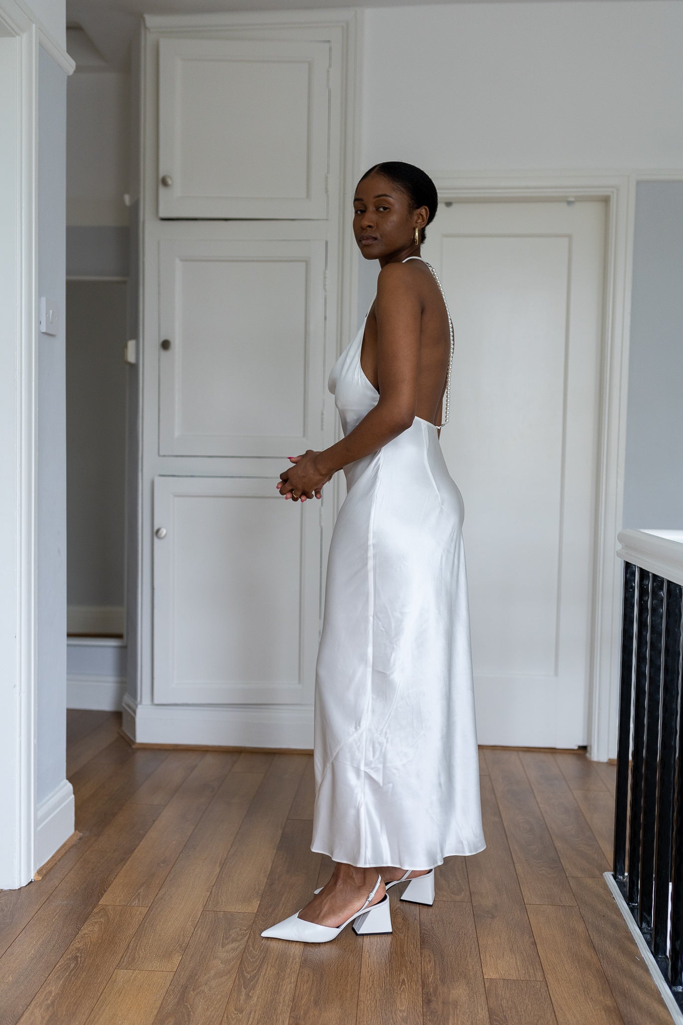 Luxury Ivory Pearl Plunge Back Floor Length Bridal Silk Dress