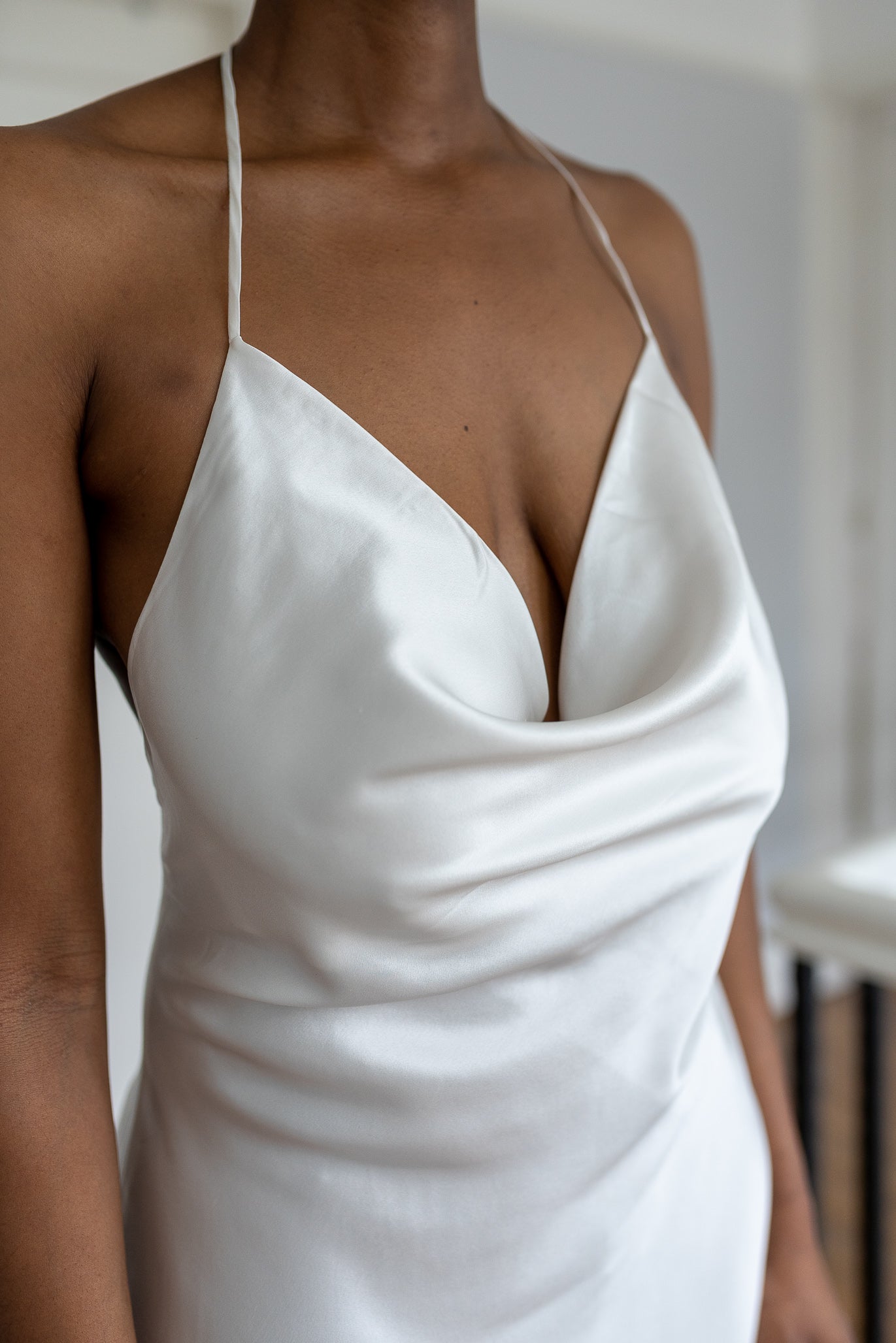 Luxury Ivory Pearl Plunge Back Floor Length Bridal Silk Dress