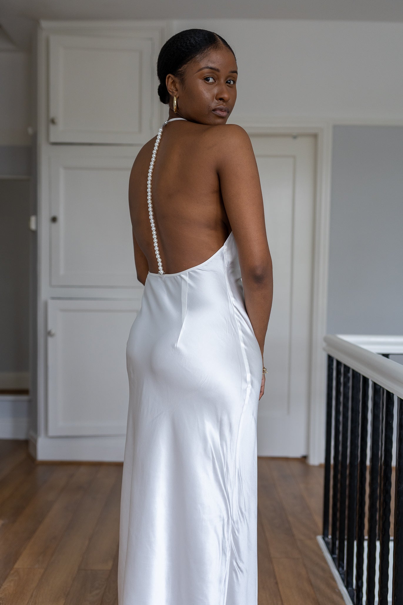 Luxury Ivory Pearl Plunge Back Floor Length Bridal Silk Dress